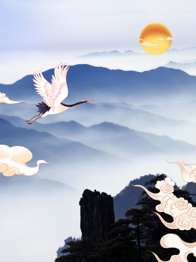 古风手绘实景山白鹤