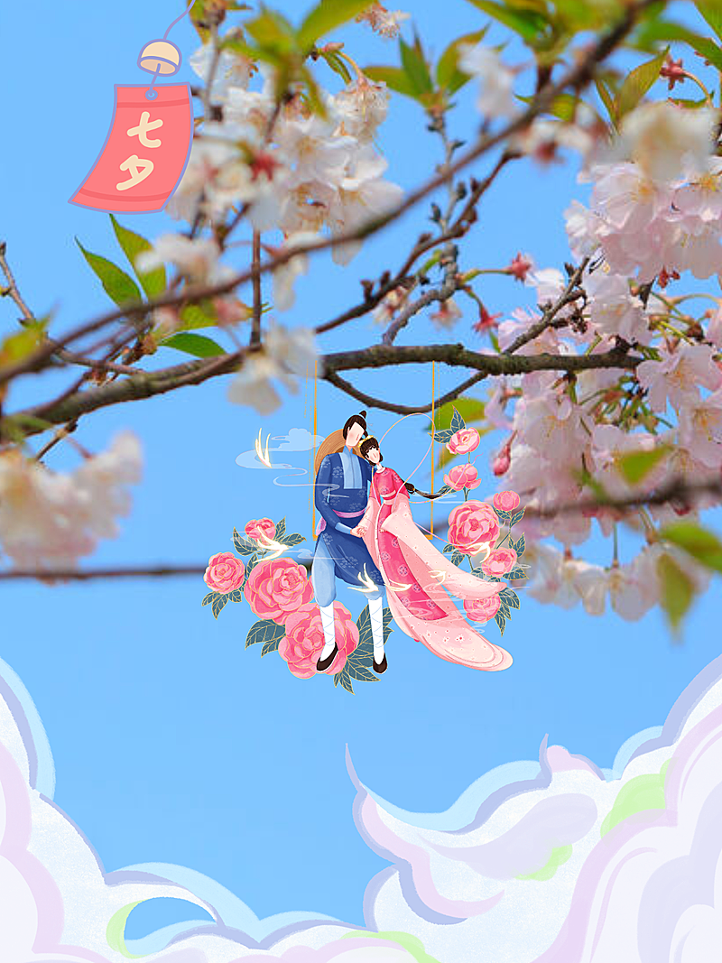 七夕手绘实景晒照牛郎织女人物