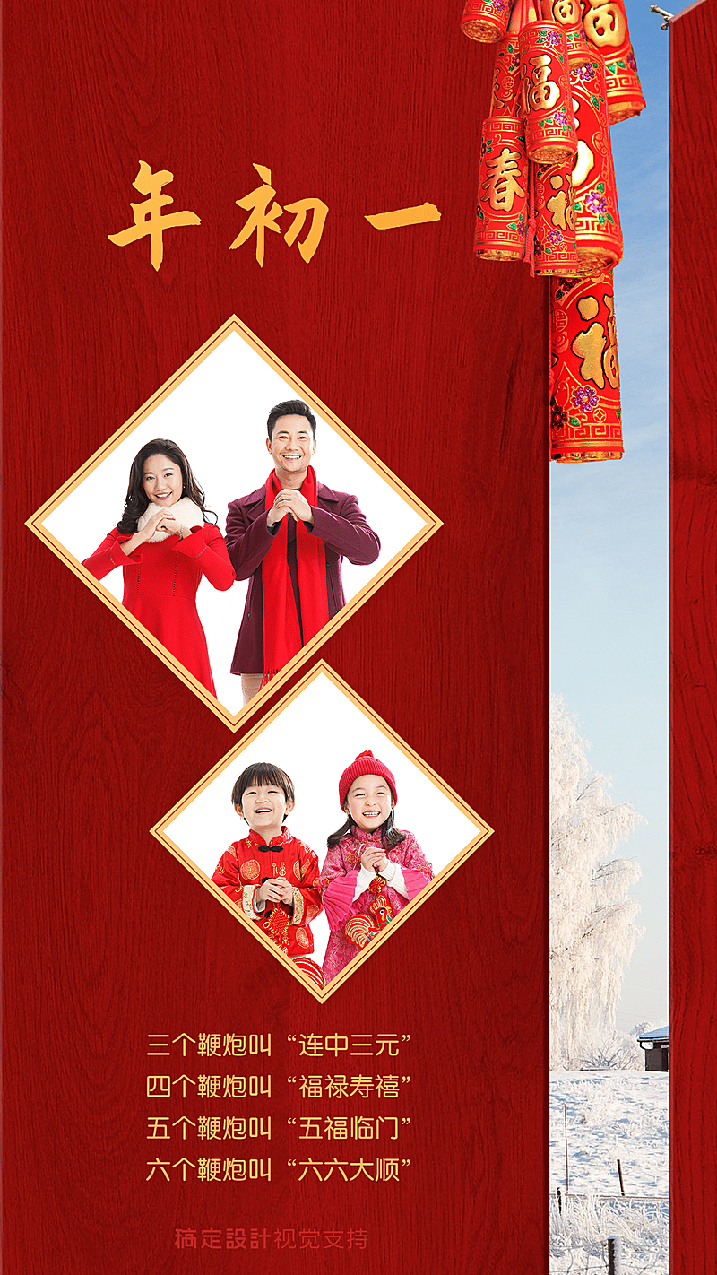 春节习俗年初一放炮竹拜大年海报