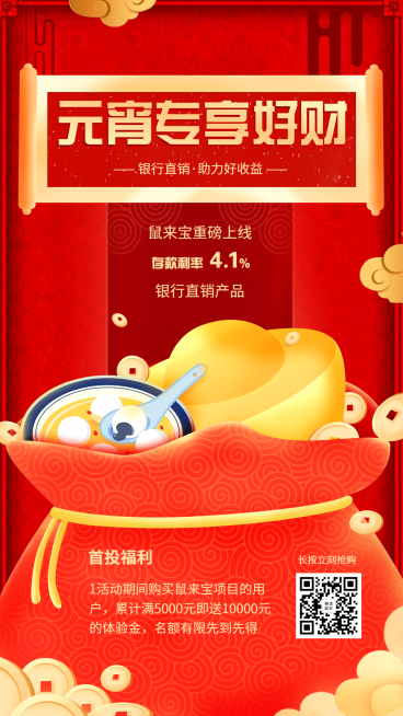 金融保险产品营销金融理财元宵专享福利手机海报预览效果