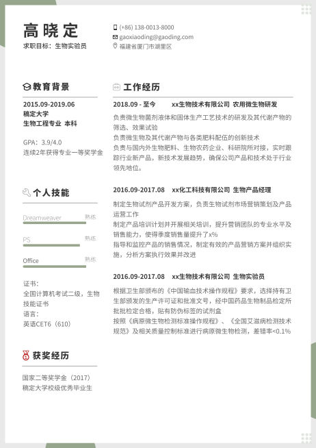 生物实验员简历（专业资深）预览效果
