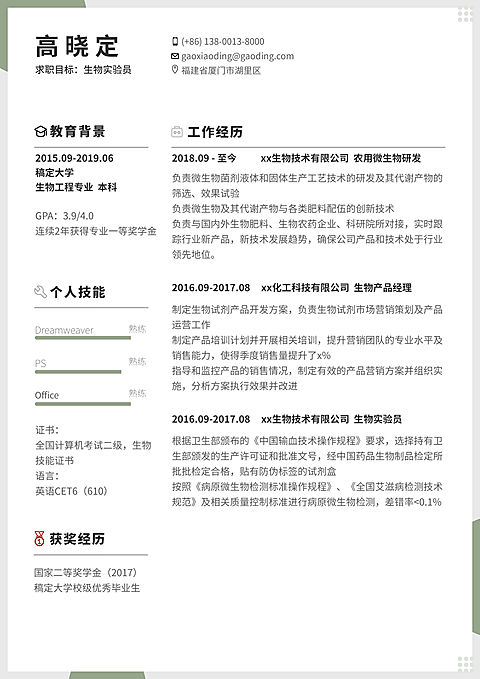 生物实验员简历（专业资深）
