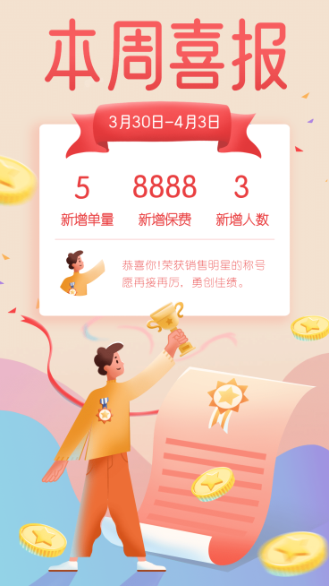 金融保险本周喜报表彰扁平手绘海报预览效果