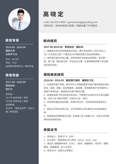 保险应届生简历（实习应届）