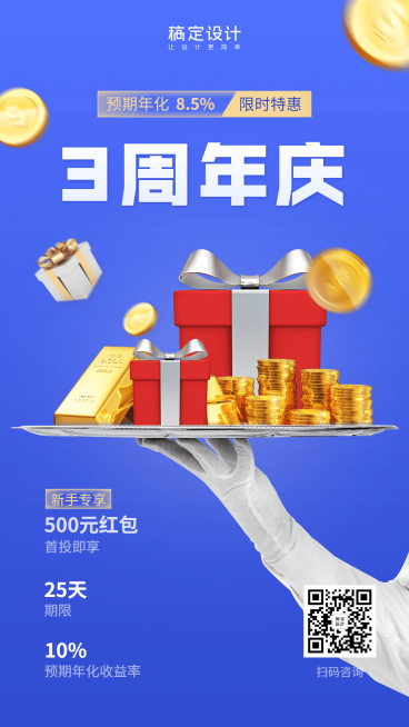 金融保险3周年庆限时特惠产品营销海报预览效果