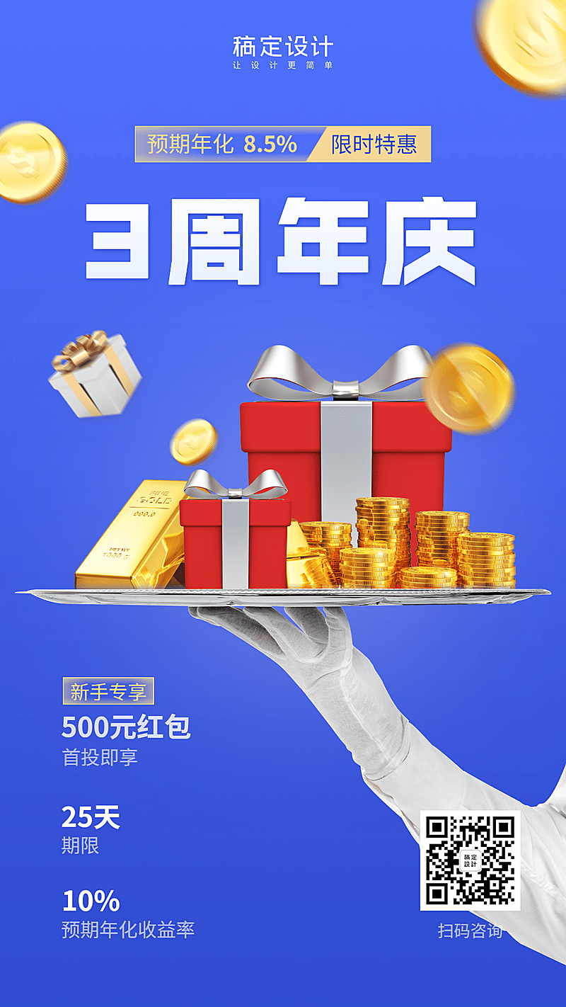 金融保险3周年庆限时特惠产品营销海报