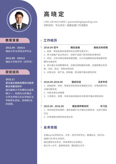 紫色商务运营岗简历（跳槽必备）