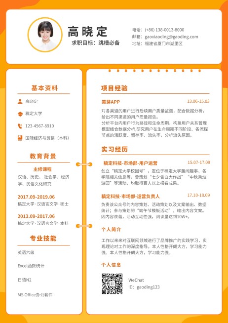 橙色手绘运营岗简历（跳槽必备）预览效果