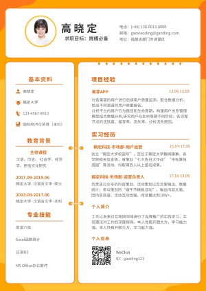 橙色手绘运营岗简历（跳槽必备）