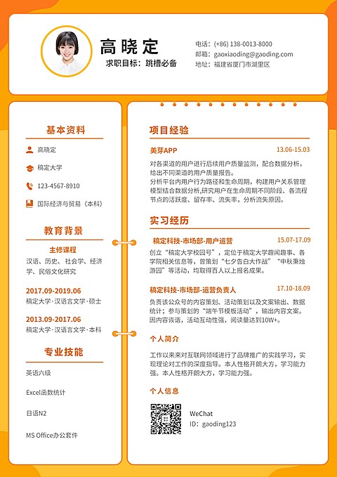 橙色手绘运营岗简历（跳槽必备）