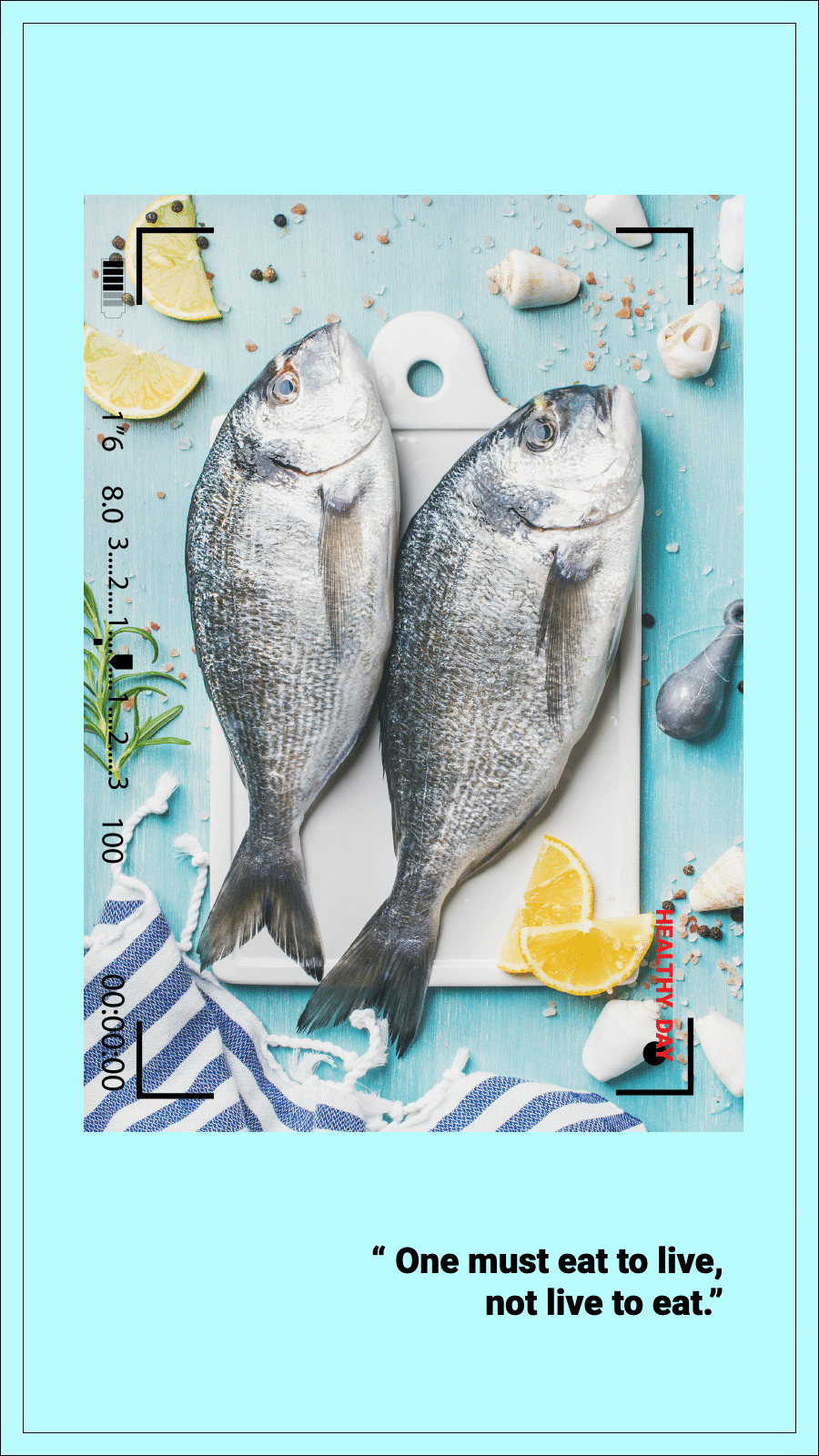 Cyan Background Fishes Photo Delicious Food Record Simple Fashion Style Poster Instagram Story预览效果
