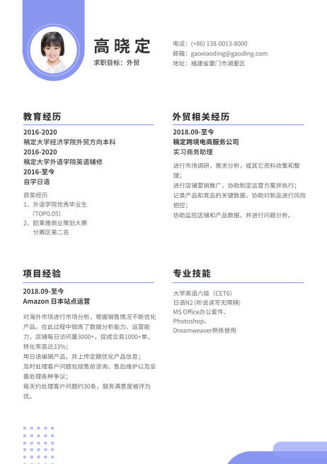 外贸应届生简历（实习应届）预览效果