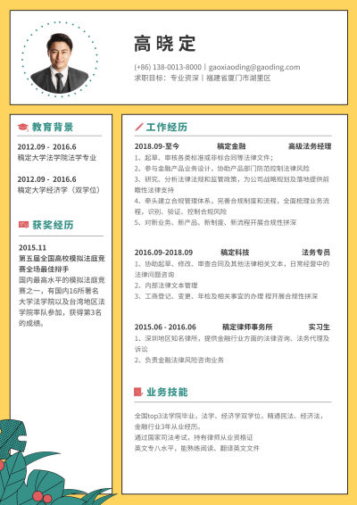 黄色创意法务岗简历（专业资深）