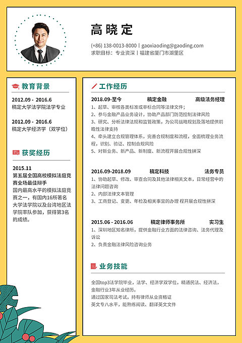 黄色创意法务岗简历（专业资深）