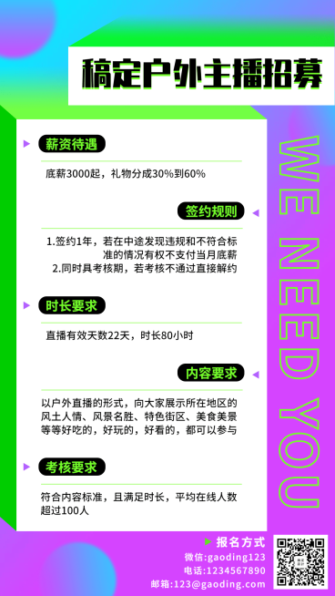 户外主播招募演艺通告海报预览效果