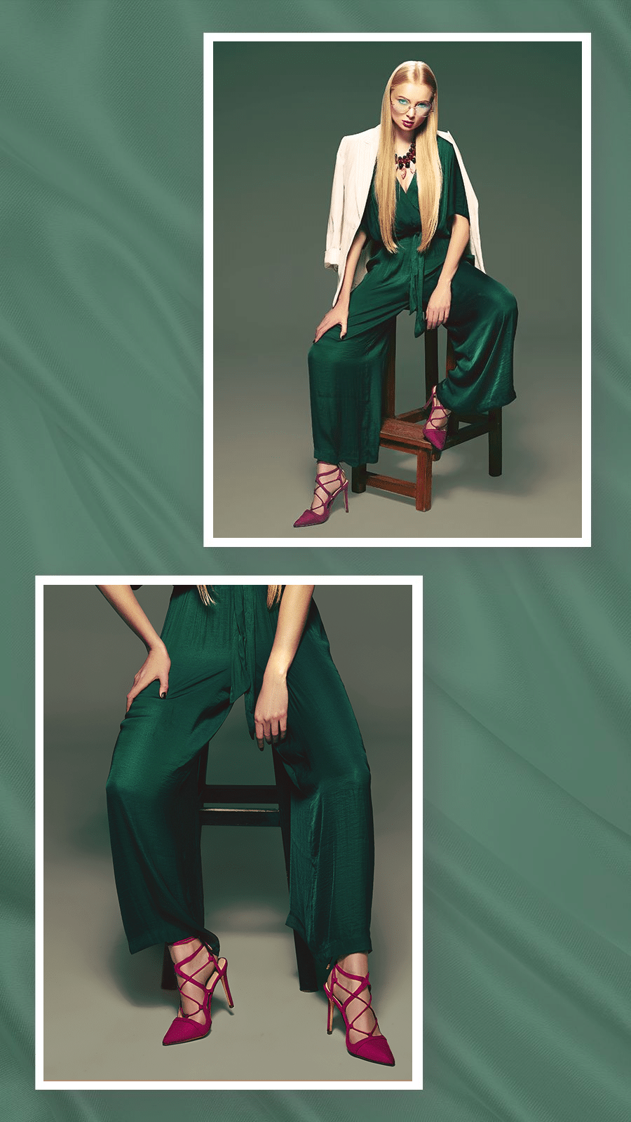 Retro Green Silk Background Rectangle Frame Women's Wear Display Instagram Story预览效果