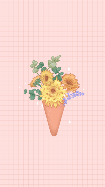 Pink Grid Background Bouquet Ice Cream Hand Painted Style Instagram HIghlight