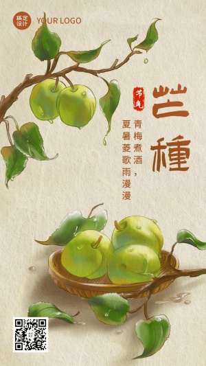 芒种节气青梅中国风插画手机海报
