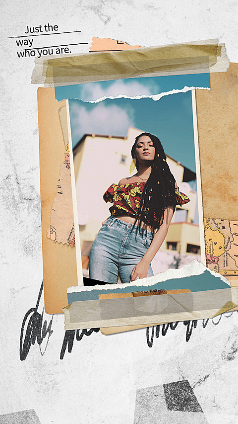 Retro Tape Element Tear Paper Frame Woman Show Instagram Story