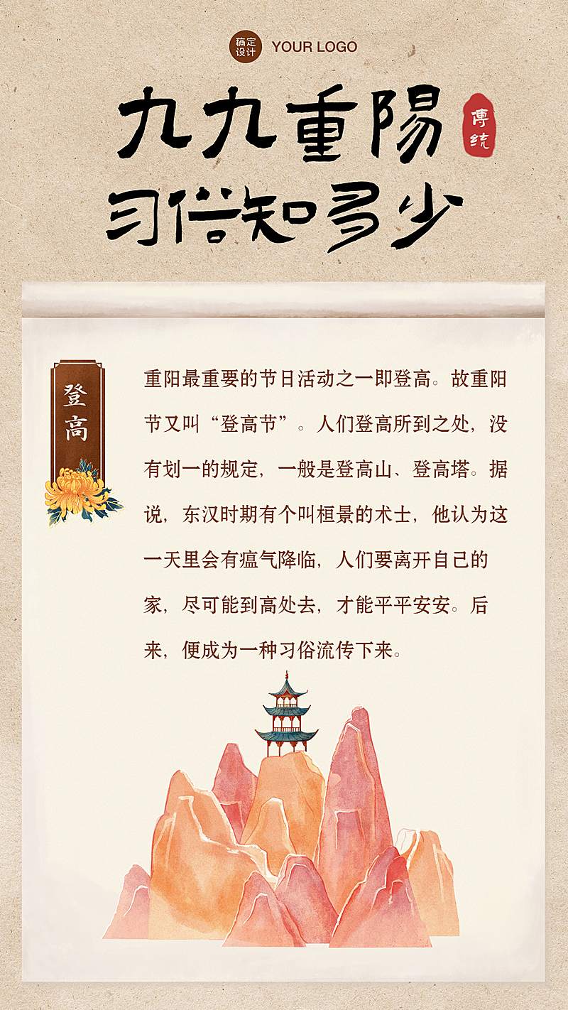 重阳习俗科普登高中国风手机海报