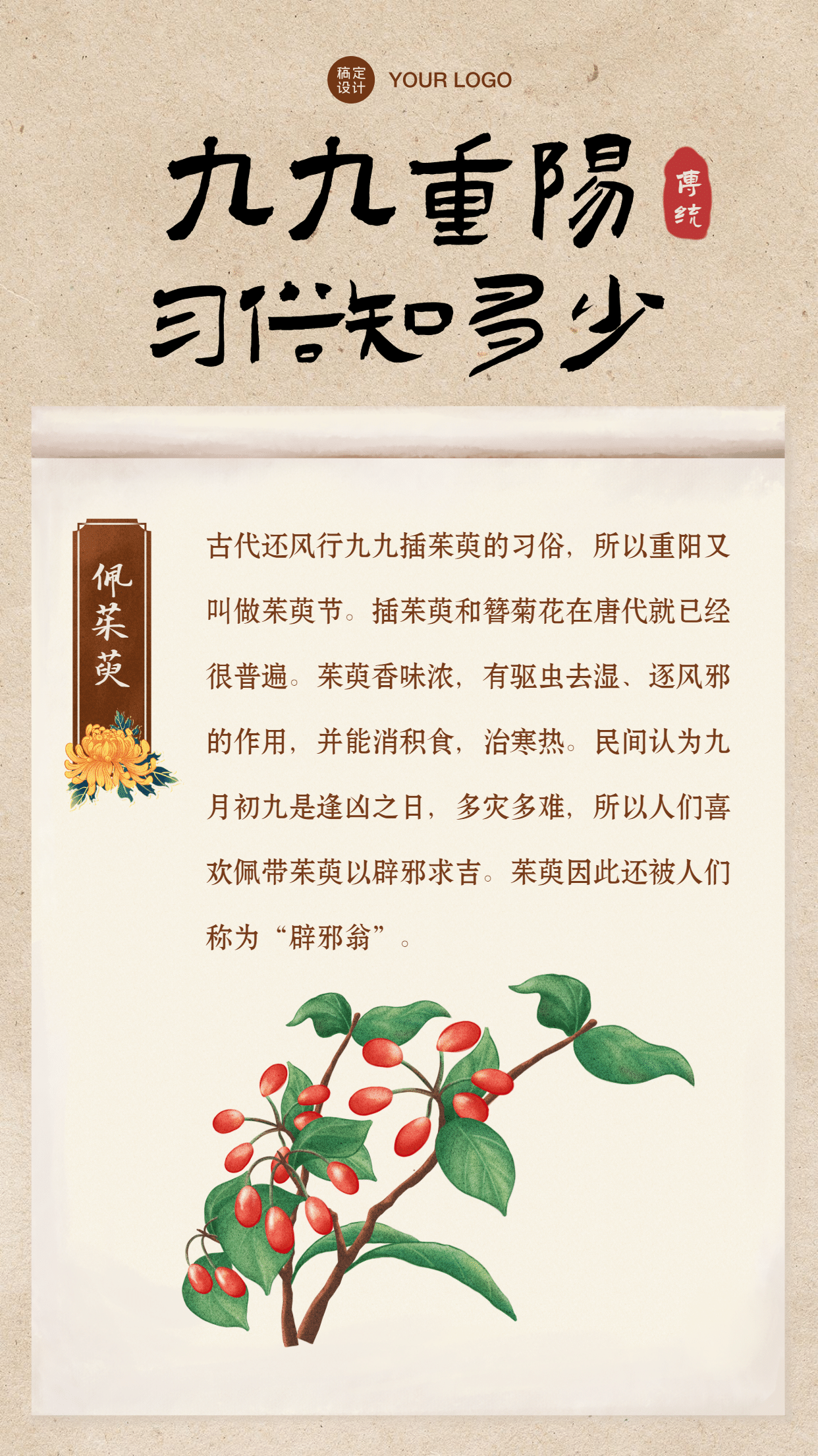 重阳节习俗科普佩茱萸中国风手机海报