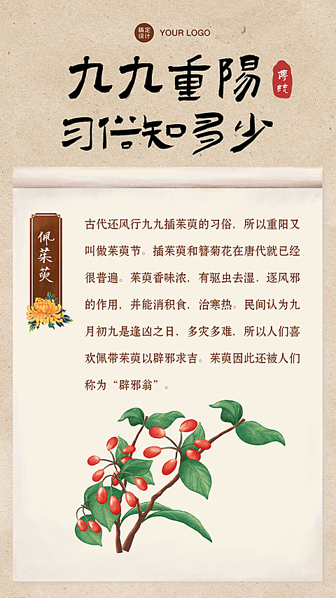 重阳节习俗科普佩茱萸中国风手机海报