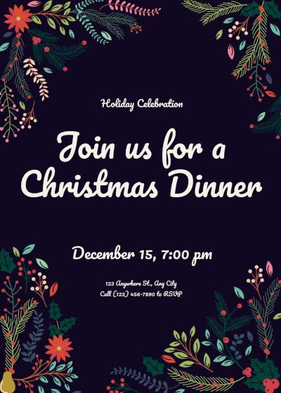Literary Hand Painted Green Leaves Decorate Christmas Dinner Invitation Letter