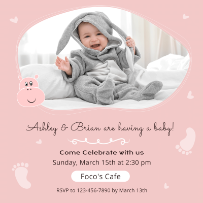 Cute Cartoon Hippo Icon Decorate Baby Shower Invitation Letter