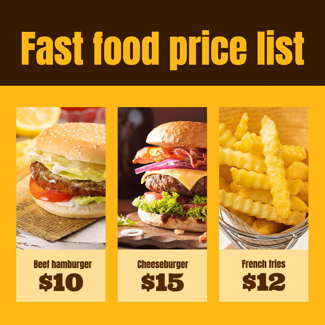 Simple Fast Food Price List Display Ecommerce Product Image 