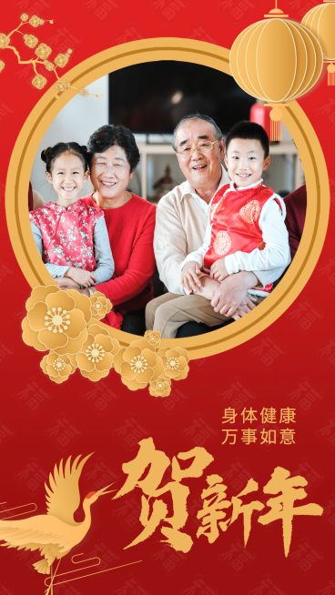 贺新年春节祝福金鹤灯笼梅花红色预览效果