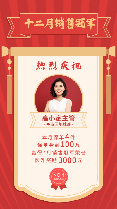 金融行业喜报销售冠军锦旗红色
