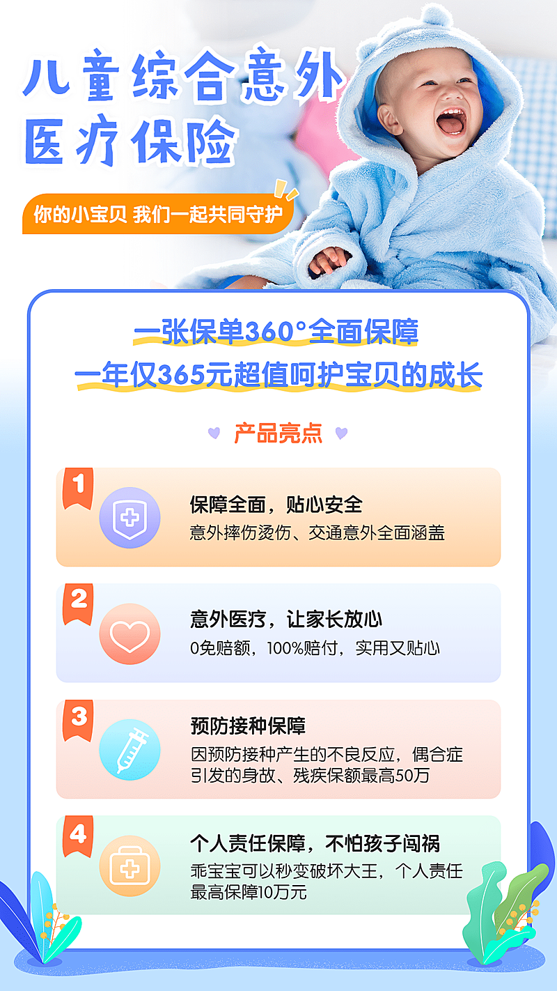 保险儿童意外险产品推荐扁平蓝色