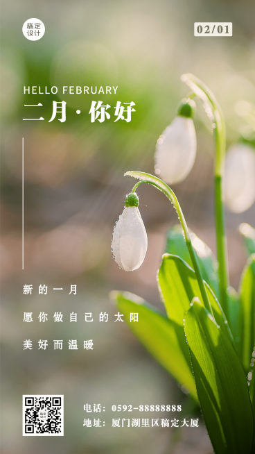 2月你好每月问候春天实景手机海报预览效果