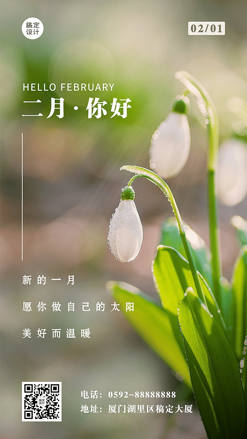 2月你好每月问候春天实景手机海报