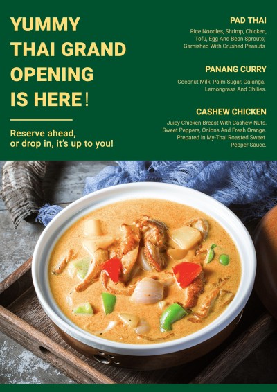 Simple Green Color Background Thai Restaurant Grand Opening Propaganda Flyer