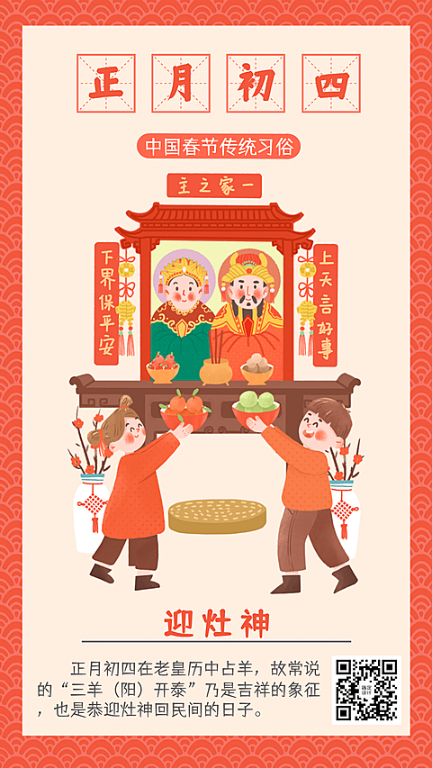 春节习俗套系正月初四手机海报