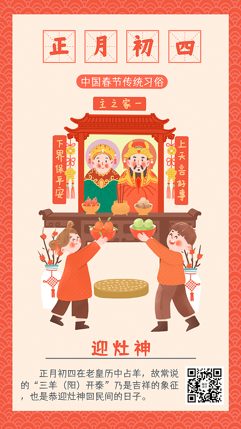 春节习俗套系正月初四手机海报