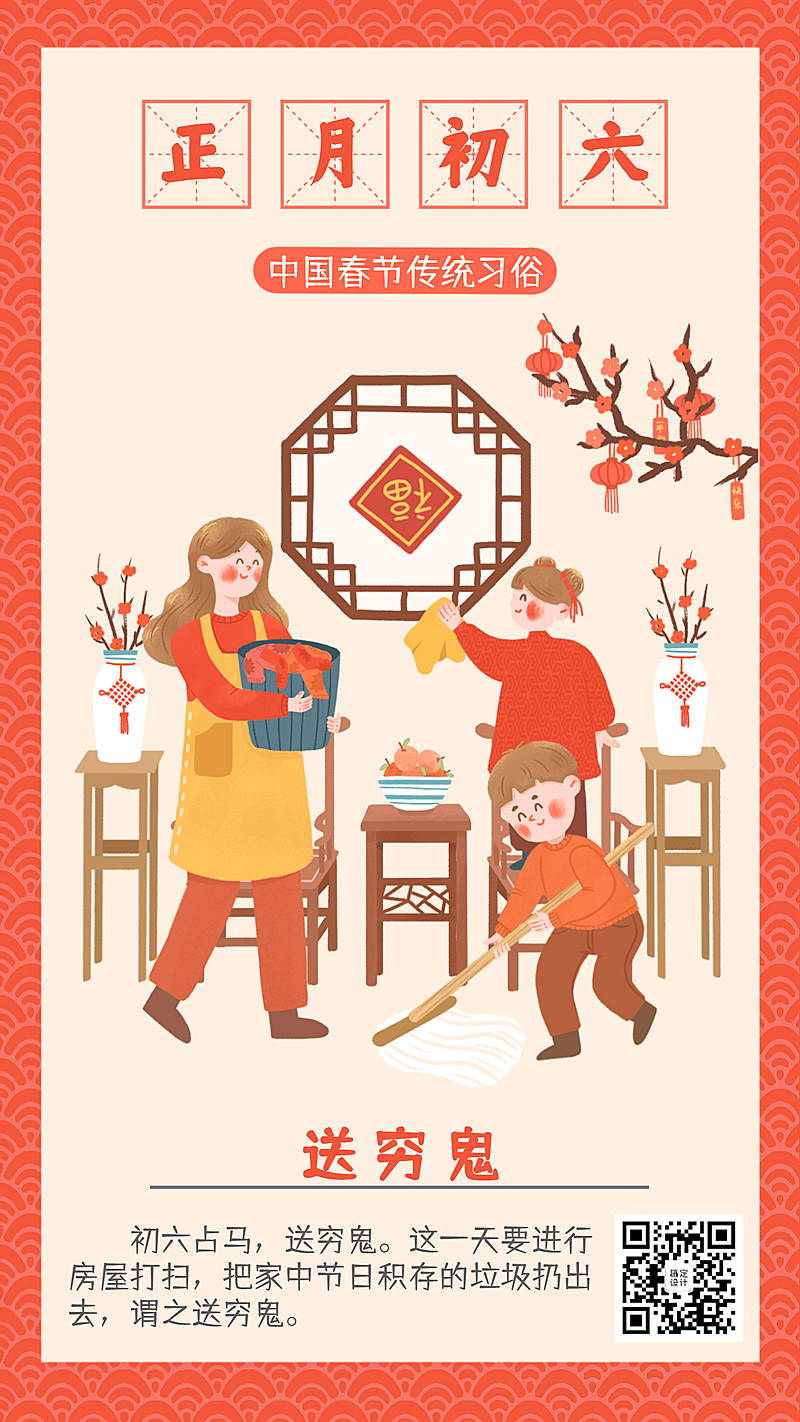 春节习俗套系正月初六手机海报