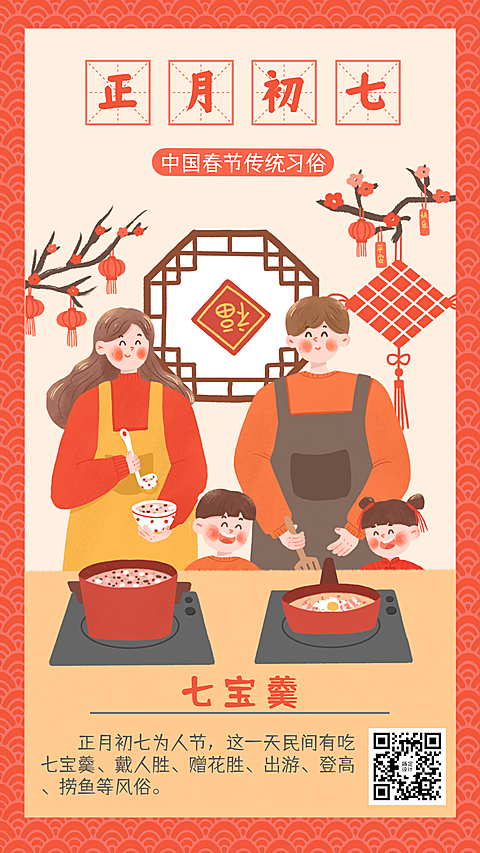 春节习俗套系正月初七手机海报