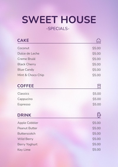 Sweet House Dessert Specials Menu