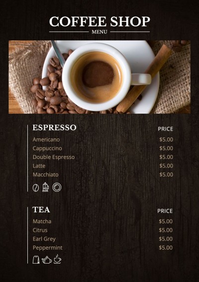 Coffee Shop Products Display Price Menu