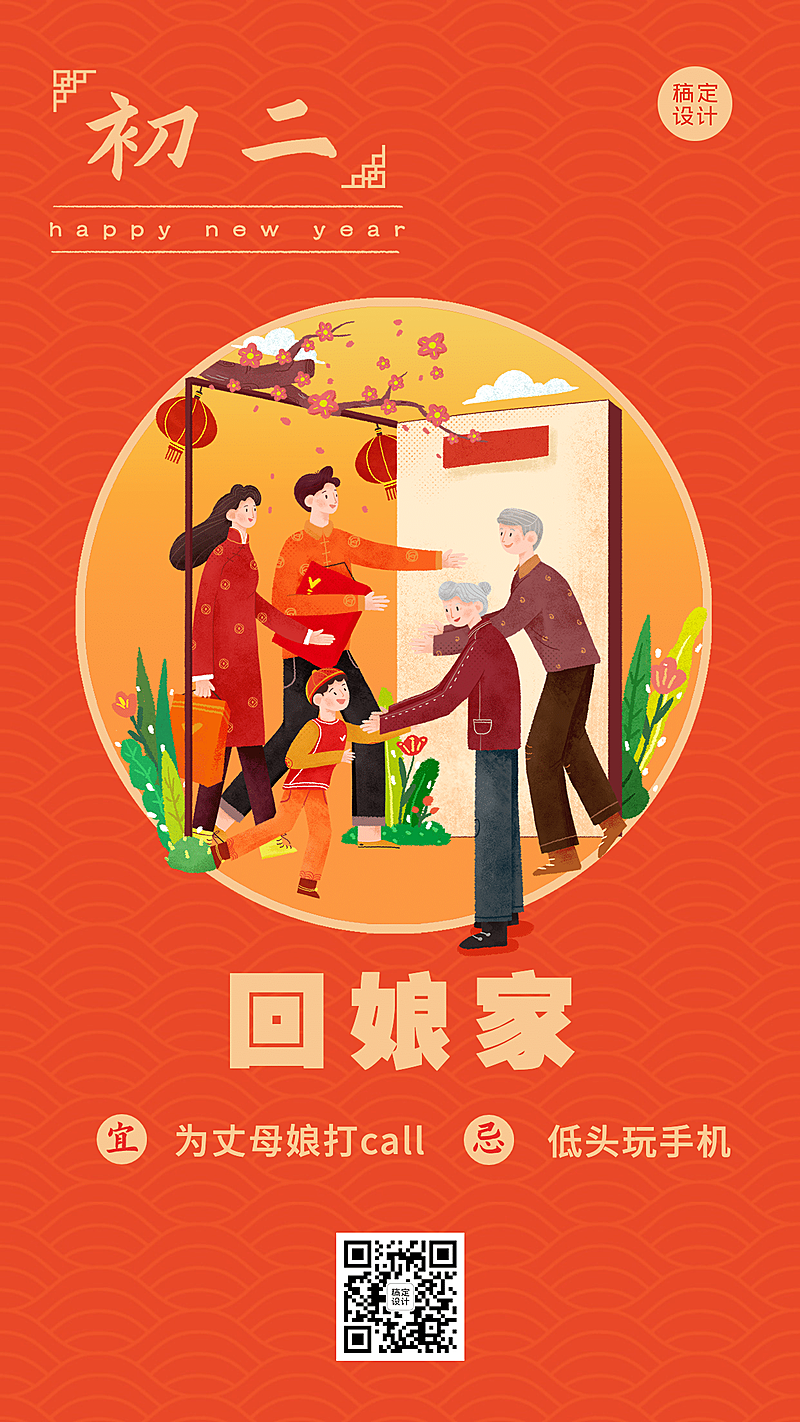 春节习俗套系初二手机海报