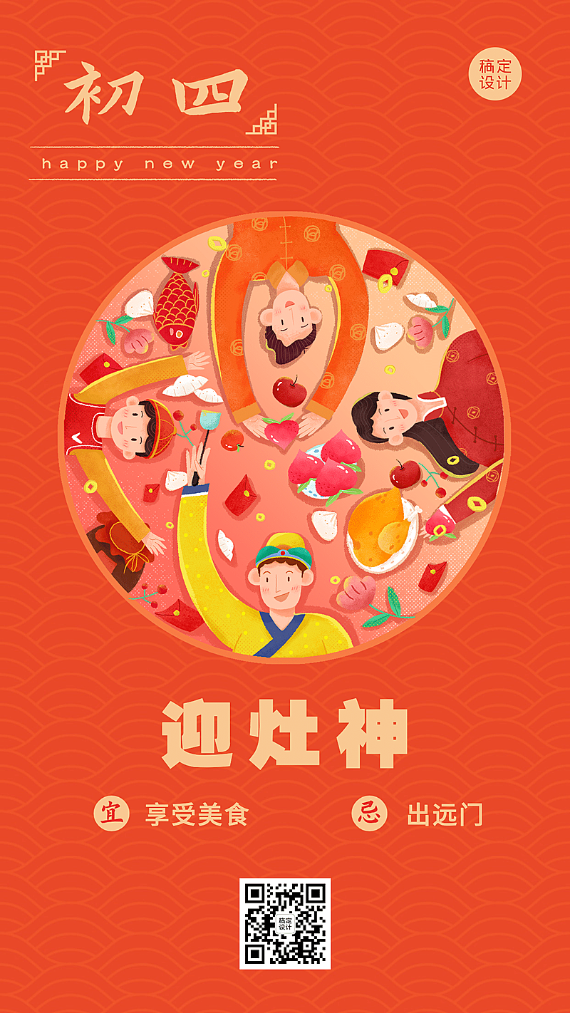 春节习俗套系初四手机海报
