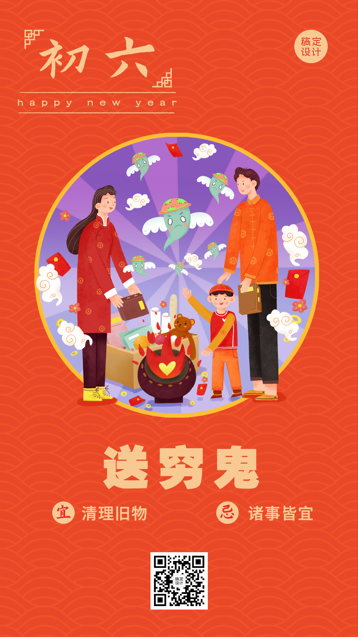 春节习俗套系初六手机海报
