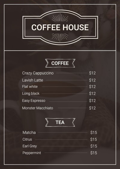 Minimalist Style White Rectangle Frame Coffee House Menu