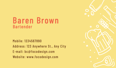 Bartender Personal Infromation Business Card