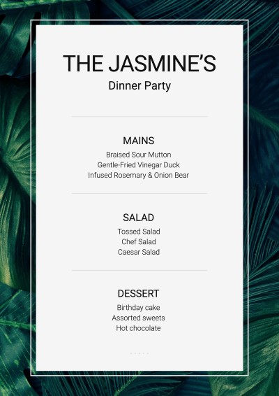 Minimalist The Jasmine's Dinner Party  Display Menu 