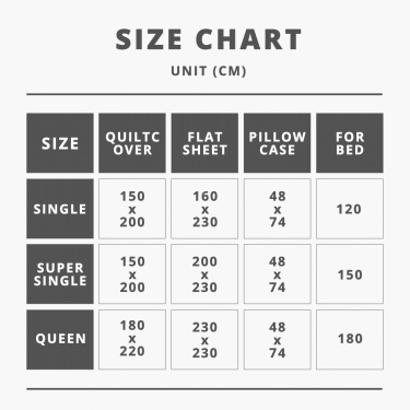 Beddings size chart Ecommerce product image