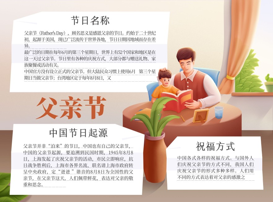 父亲节祝福卡通温馨手抄报预览效果