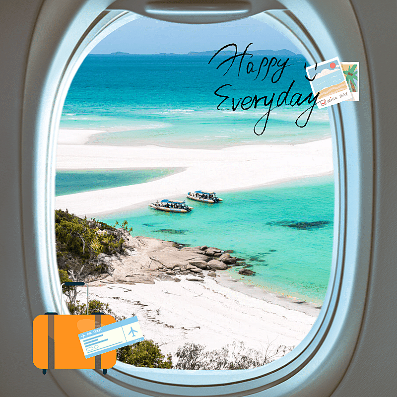 清新卡通实景飞机窗框风景晒照